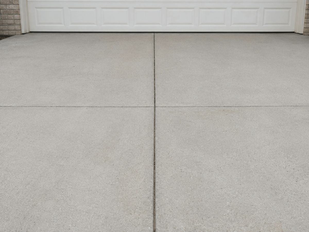 A clean, even concrete driveway with straight control joints in front of a white garage door