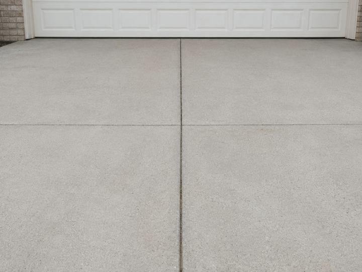 After: a pale, even concrete driveway in front of a white garage door