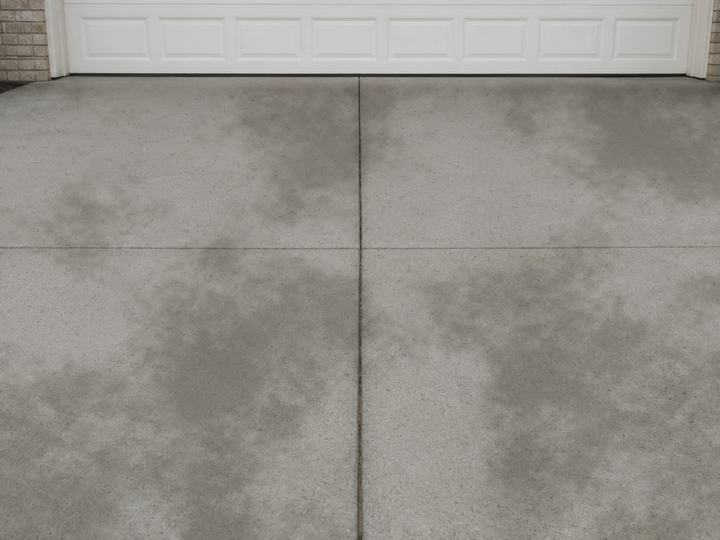 Before: the same driveway with dark mildew patches, tire tracks and dirty joints