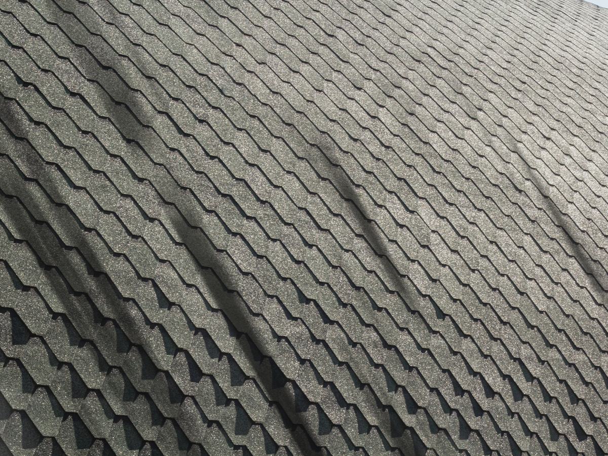 Close-up of grey asphalt shingles with dark algae streaks running down the slope